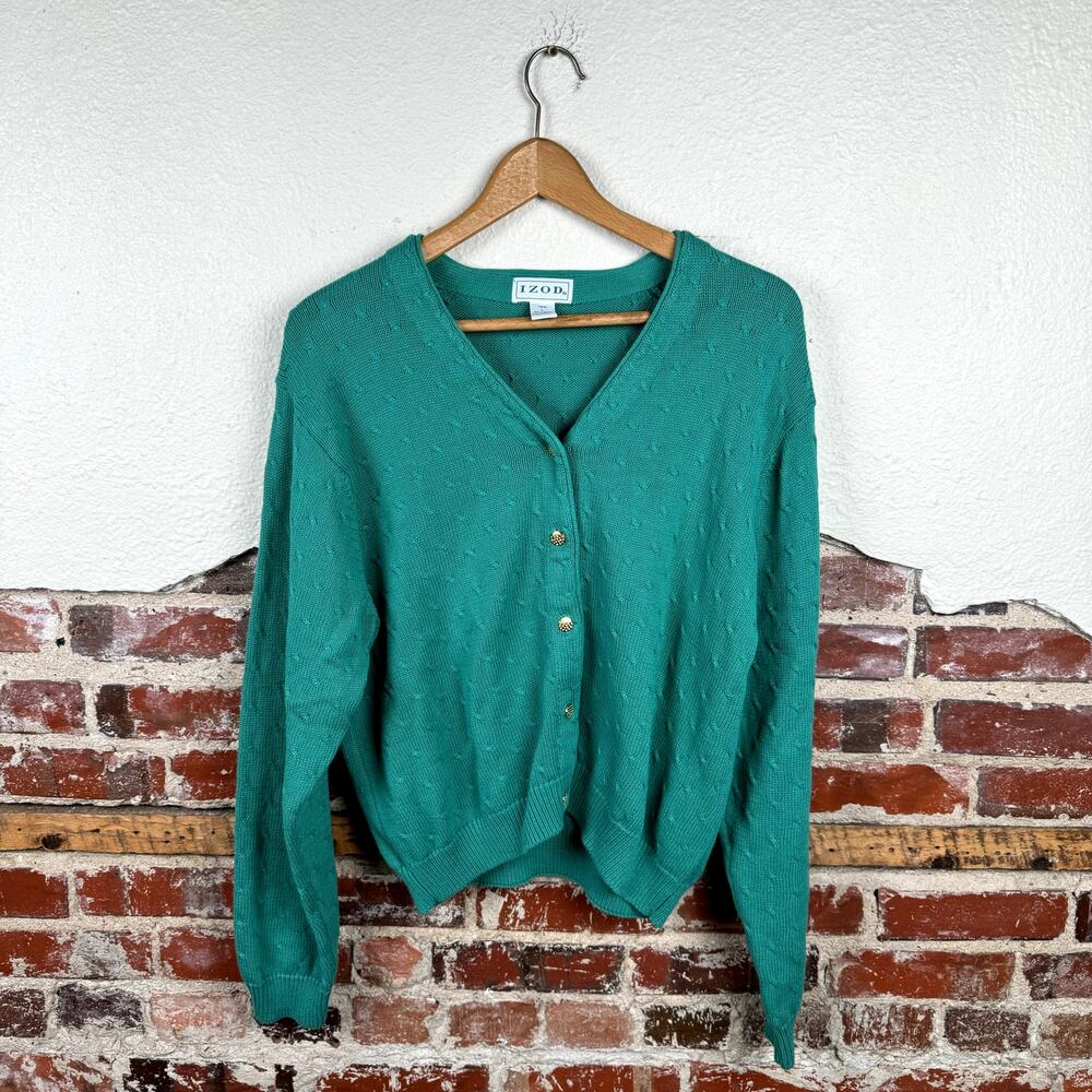Vintage Izod Sweater Sz Large Green Cotton V Neck Button Up Cardigan Cable Knit